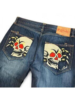 Vintage Ed Hardy Skull Embroidered Faded Bootcut Jeans